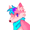 Pixel art of a bright pink wolf with fluffy hair and a bandana around her neck.